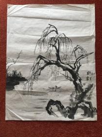 《杨柳小舟》国画，佚名作，尺寸：46×35.5cm