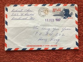 《圣路易斯、曼谷致香港实寄航空邮资封》1967年，两枚合售，9.4x15.2cm，反面为书信