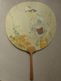 日本扇子，日本团扇，三越百货工艺品扇子，日本画大师镝木清芳人物画作品