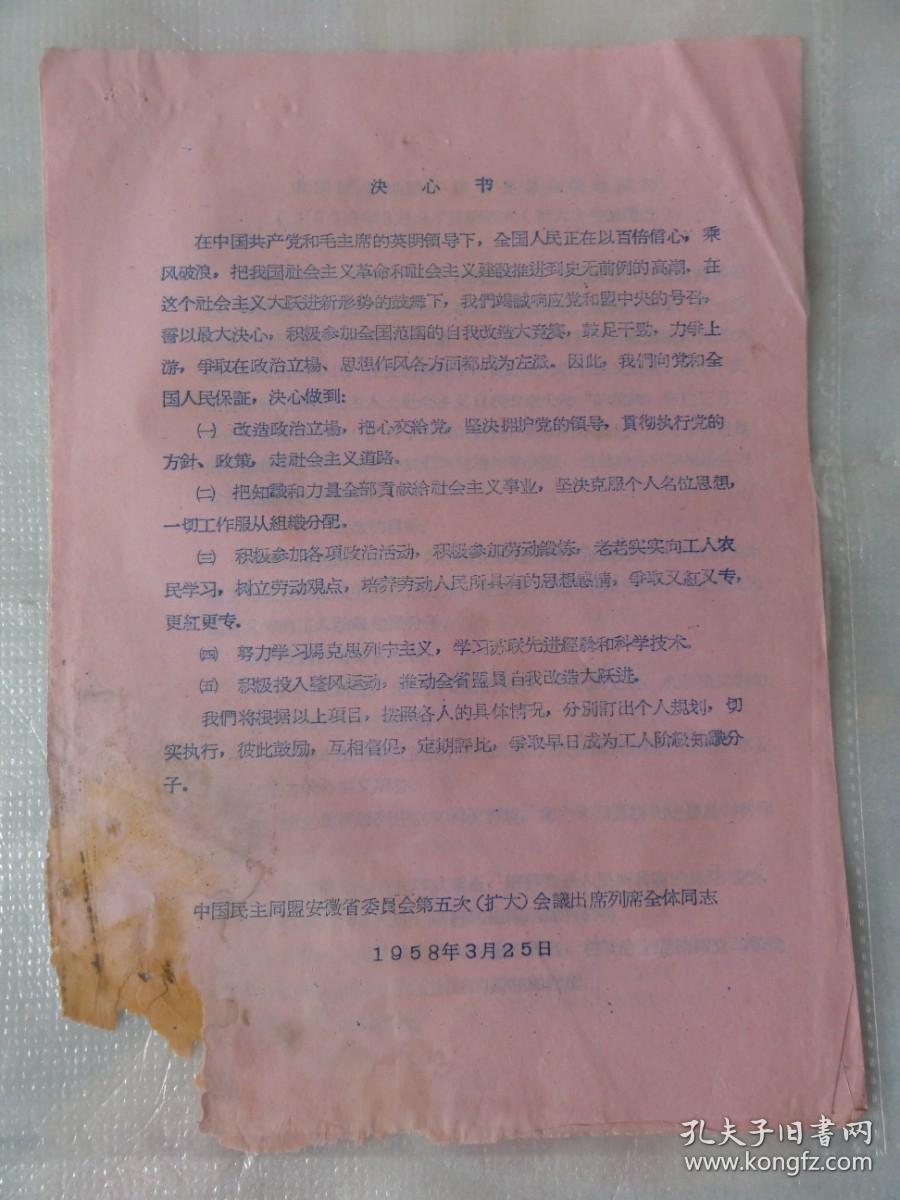 1958年决心书（中国民主同盟安徽省委员会第五次会议全体同志）