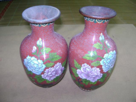 民国时期掐丝景泰蓝花瓶、牡丹图