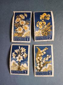 外国邮票 圣马力诺邮票  1957年 峡谷雏菊花卉 4枚（无邮戳新票)