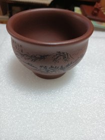 宜兴原矿紫砂刻绘溪山杯 （茶文化、茶杯）