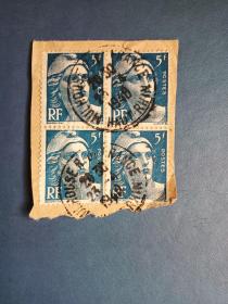 邮票剪片   法国邮票剪片 1948年 女神  4方联（信销 剪片）