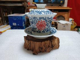 景德镇青花釉里红三才盖碗（摆件、茶杯）