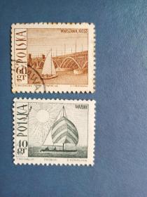 外国邮票 波兰邮票  1966年 旅游胜地  帆船 2枚（信销票 ）