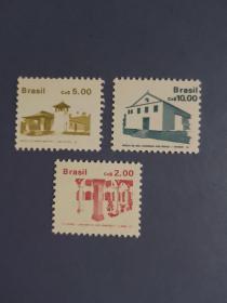 外国邮票   巴西邮票  1987年 教堂、修道院等宗教建筑  3枚（无邮戳新票)
