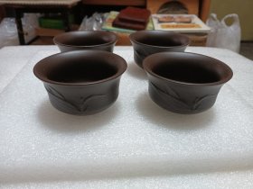 雕花紫砂茶杯 4个合售 （茶文化、茶杯）