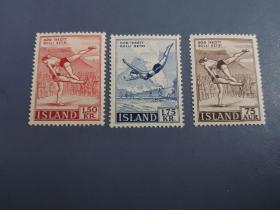 外国邮票  冰岛邮票 1955年体育2全+57年体育 共3枚（无邮戳新票)