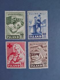 外国邮票  冰岛邮票 1949年   慈善 附捐 雕刻版 4枚（无邮戳新票)