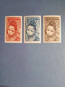 外国邮票  马提尼克 1947年 女孩 3枚（无邮戳新票)