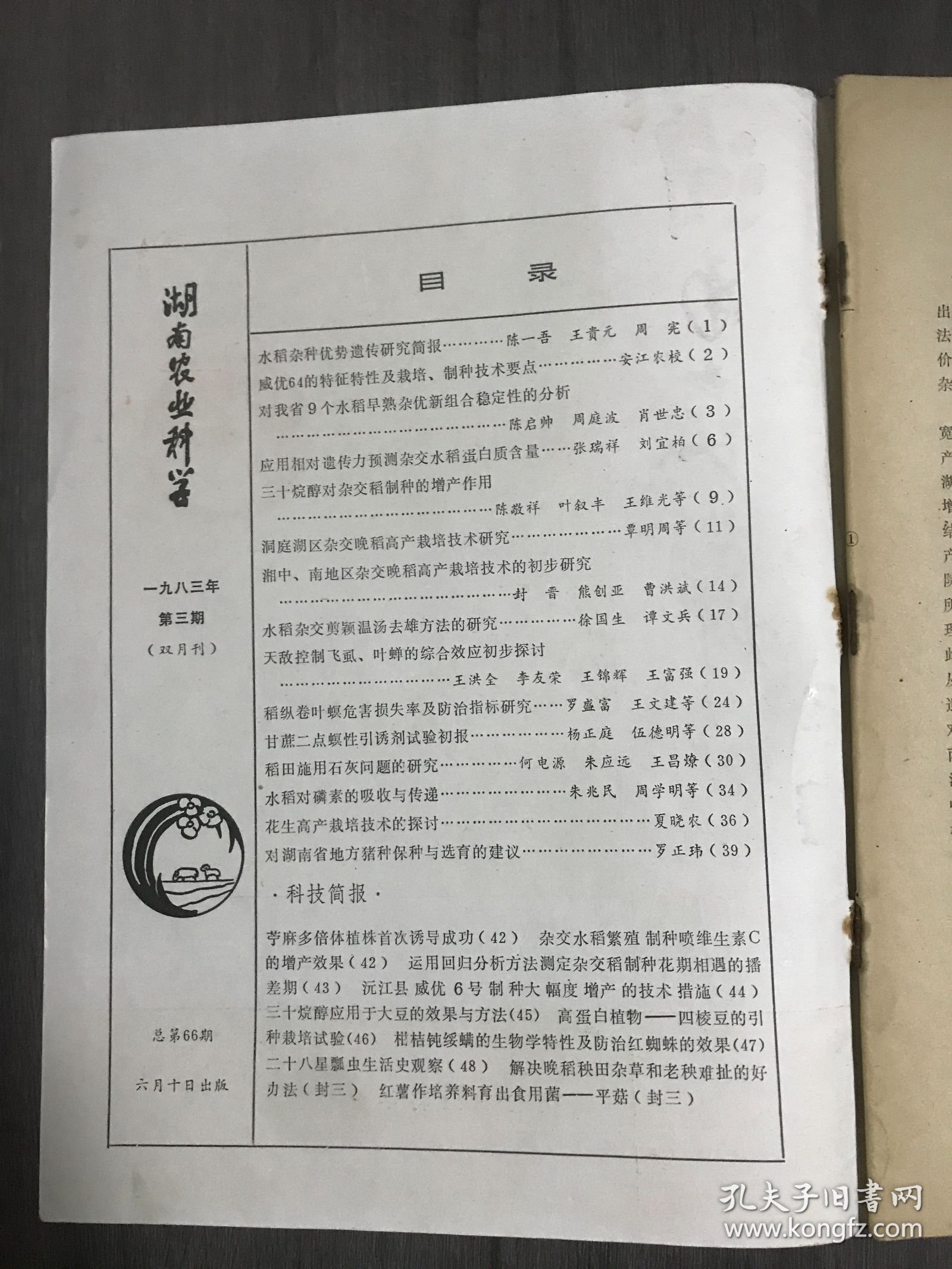 1983年6月10日 第3期总第66期《湖南农业科学》/水稻杂种优势遗传研究简报：陈一吾、王贵元、周宪/对我省9个水稻早熟杂优新组合稳定性的分析：陈启帅、周 庭波、肖世忠/应用相对遗传力预测杂交水稻蛋白质含量：张瑞祥、刘宜/三十烷醇对杂交稻制种的增产作用：陈敬祥、叶叙丰、王维光等/洞庭湖区杂交晚稻高产栽培技术研究：覃明周等……