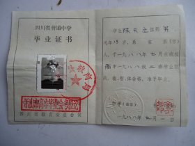 四川省仁寿县普通中学毕业证一张(1988年)