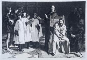 1870年版欧洲艺术杰作系列钢版画《荷兰画家雨果在精神病院康复中》——比利时画家“埃米尔·查尔斯·沃特斯(Emile Charles Wauters)(1846-1933)”作品 版画家： Louis Monziès 雕刻 34x26cm