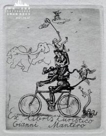 “著名奥地利藏书票艺术家”芬格斯坦（Michel Fingesten）蚀刻藏书票—《单车上猴子的一家与小动物们》