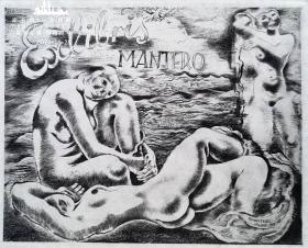“著名奥地利艺术家”芬格斯坦（Michel Fingesten）蚀刻人体藏书票—《三裸女》 编号420 经典作品1937年
