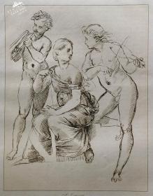 【拉斐尔Raphael】1823年“文艺复兴时期意大利画派”系列钢笔画摹刻铜版画《音乐派对》—意大利文艺复兴时期画家“拉斐尔(Raphael Sanzio 1483-1520)”作品 “手工水印纸精印” 50x36cm