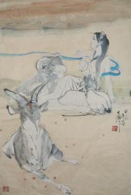 施大畏  国画字画 少女与鹿 尺寸 三尺 62.5x96.5