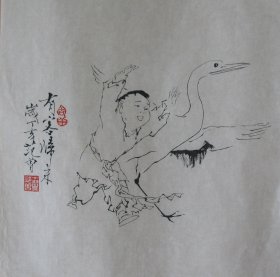 国画字画书画 人物画  有客归来 尺寸 小斗方 34x34.5cm