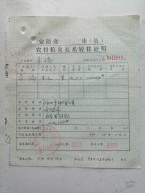 1997年安徽省滁州市农村粮食关系转移证明（余*）自费农转非