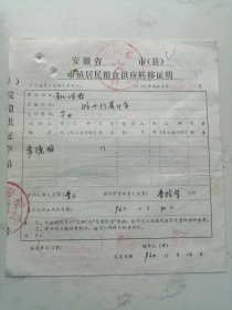 1996年安徽省安庆市市镇居民粮食供应转移证明（李*）