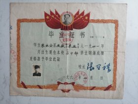 1961年高中毕业证书  （朱**）底板套印毛主席像、五星红旗（折叠寄送）33*27cm