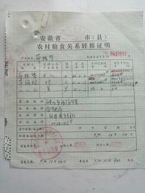 1997年安徽省滁州市农村粮食关系转移证明（茆**）自费农转非