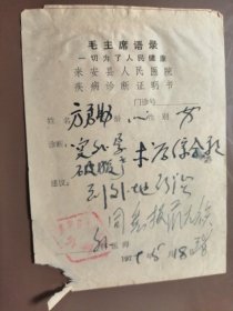 1979年来安县人民医院疾病诊断证明书：宫外孕剖腹产术后综合征到外地治疗（毛主席语录）