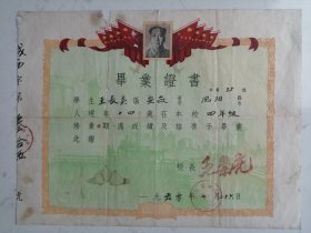 1960年四年级毕业证书  （王**）底板套印毛主席像、五星红旗（折叠寄送）35*27cm