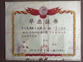 1958年高小毕业证书  （马自全）底板套印“为人民服务”毛像、五星红旗（折叠寄送）