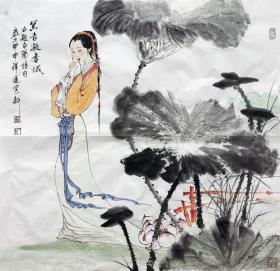 周一新  人物斗方《冥我凝香域》 手绘国画作品