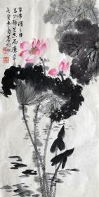 霍春阳 花鸟中堂（荷花） 手绘国画 天然包浆 老纸老墨