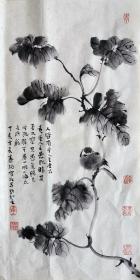 霍春阳 花鸟中堂（水墨花鸟） 手绘国画 天然包浆 老纸老墨