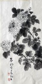 霍春阳 花鸟中堂（墨菊） 手绘国画 天然包浆 老纸老墨