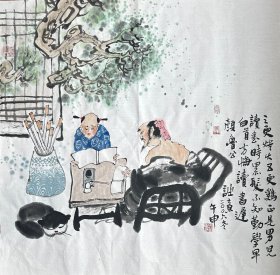 李午申 人物斗方（三更灯火）手绘国画
