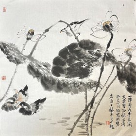 王和平  花鸟斗方（一阵雨过香气润）手绘水墨画