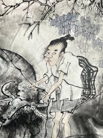 戴顺智 山水人物斗方（秋溪放牧图） 手绘国画