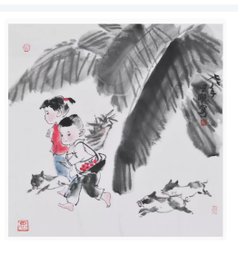★书法字画 ：（周思聪 ），人物写意，《　童趣　》，尺寸：68厘米*68厘米（四尺斗方）。
