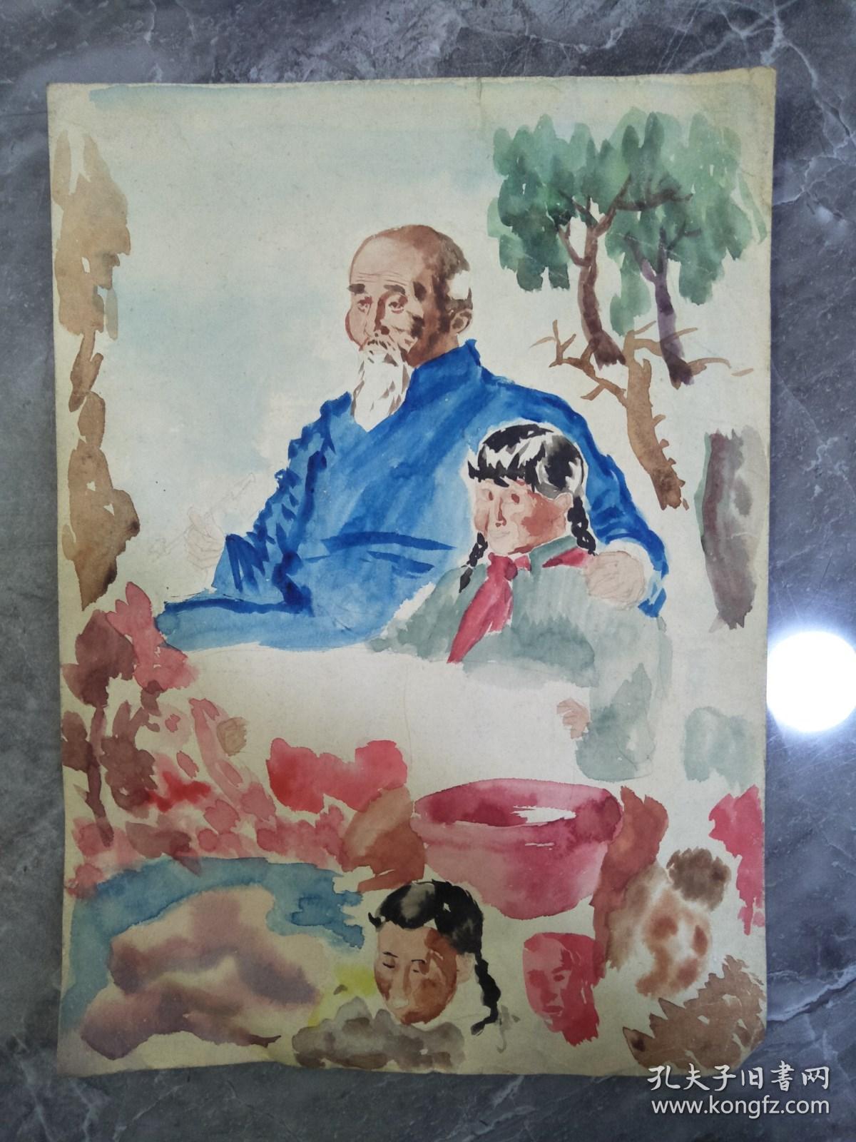 60年代知青画家水彩画绘画原稿温馨一幕和xx骑马