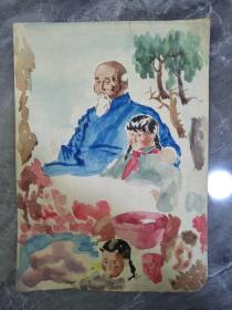 60年代知青画家水彩画绘画原稿温馨一幕和xx骑马