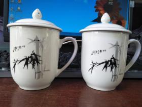 80年代初出口创汇名家手绘竹影瓷茶杯一对2