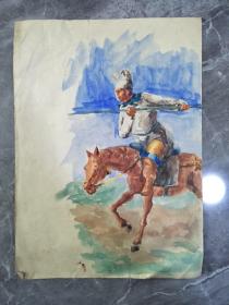 60年代知青画家水彩画绘画原稿温馨一幕和xx骑马