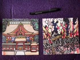 日本色纸卡纸画，寺庙祭典，画风有趣。