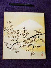 日本色纸卡纸画，富士山下，樱花盛开。