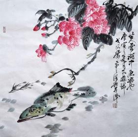 萧平 花鸟斗方（芙蓉湖中渔）手绘国画作品