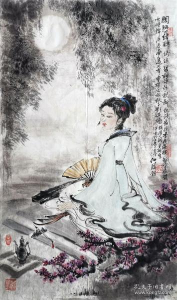 白伯骅  人物中堂《花香月满楼》 手绘国画作品