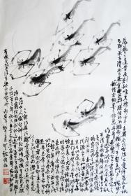 理勤功 花鸟小中堂（虾趣图）手绘国画作品