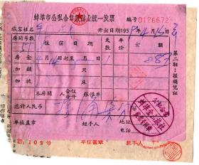 旅店业专题-----50年代发票单据-----1959年蚌埠市金山旅社和灵璧县固镇人民公社,旅馆发票2张