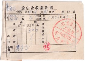 60年代发票单据类----1969黑龙江省木兰县东兴镇二旅社,旅店收益收据73-1