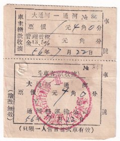 1956年黑龙江省通河县,通河镇五六运输合作社第一社, 斗车客票,86